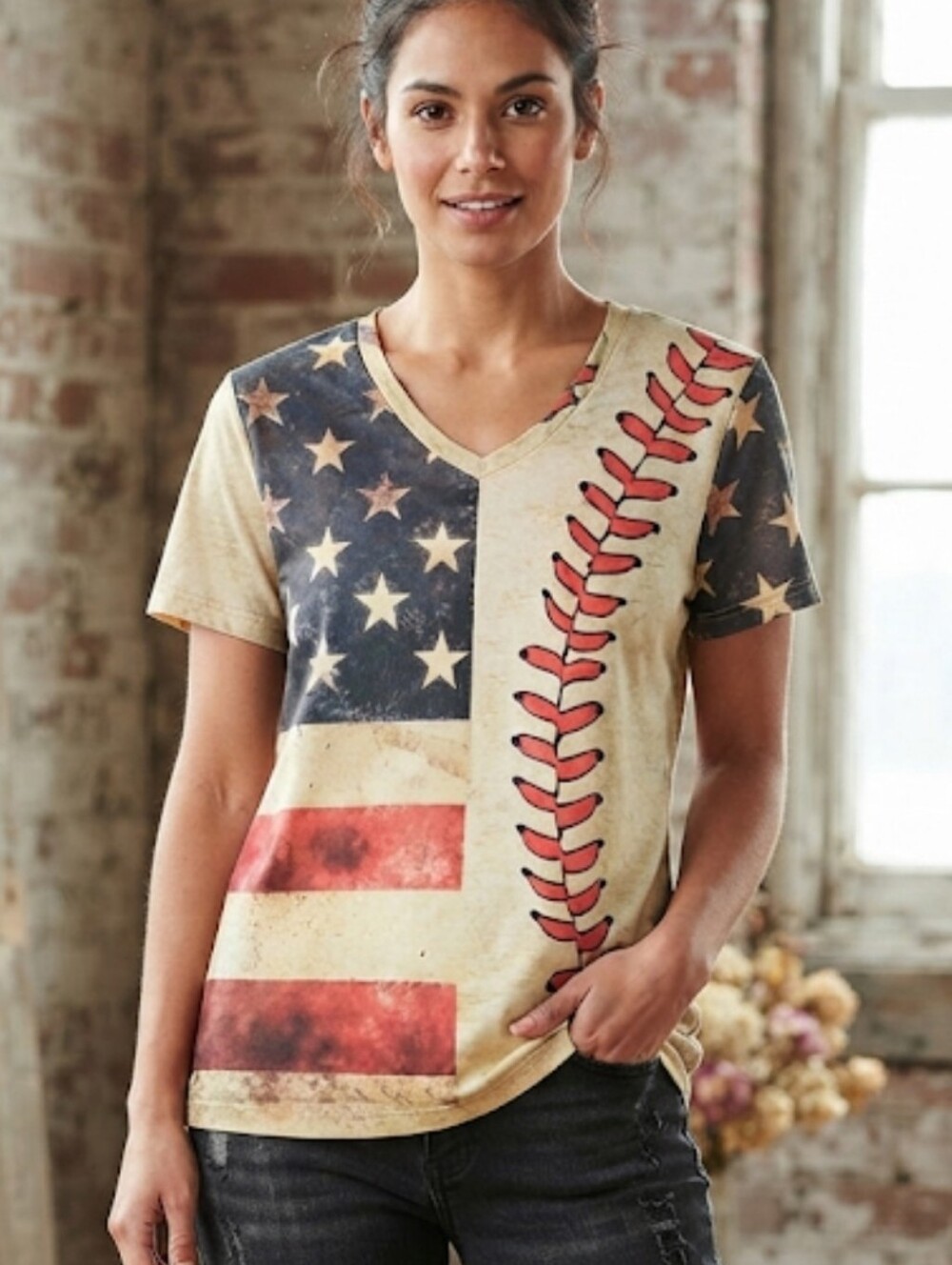Vintage Look American Flag Baseball V-Neck Patriotic R,W,B T- Shirt Med